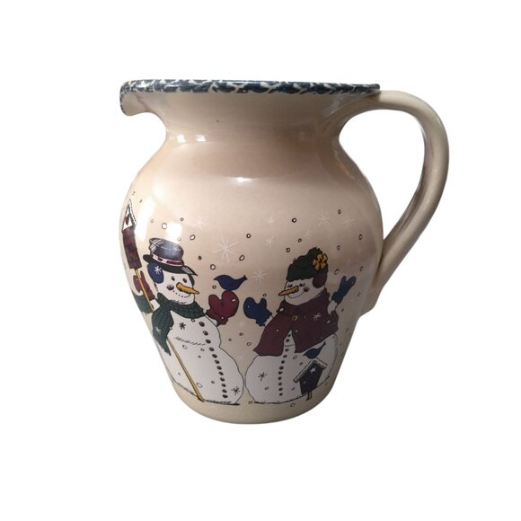 HOME AND GARDEN POTTERY PITCHER SNOWMEN/BIRDS  8 INCH STONEWARE CB4 - Picture 1 of 5